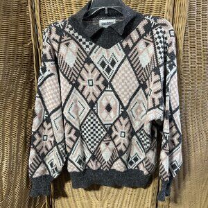 Vintage Women's Sweater Pink Gray Med 80's Geometric Gina Peters Collar